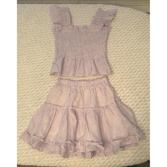 Hill House Home Purple Pinstripe Athena Smocked Top M & Tiered Mini Skirt S Set